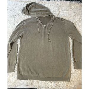 Men v neck long sleeve Button side hooded pullover gray sweater L